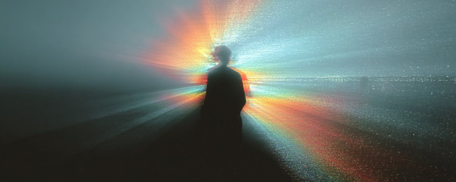 Silhouette of a person standing in mist with a radiating, pixelated rainbow light effect.